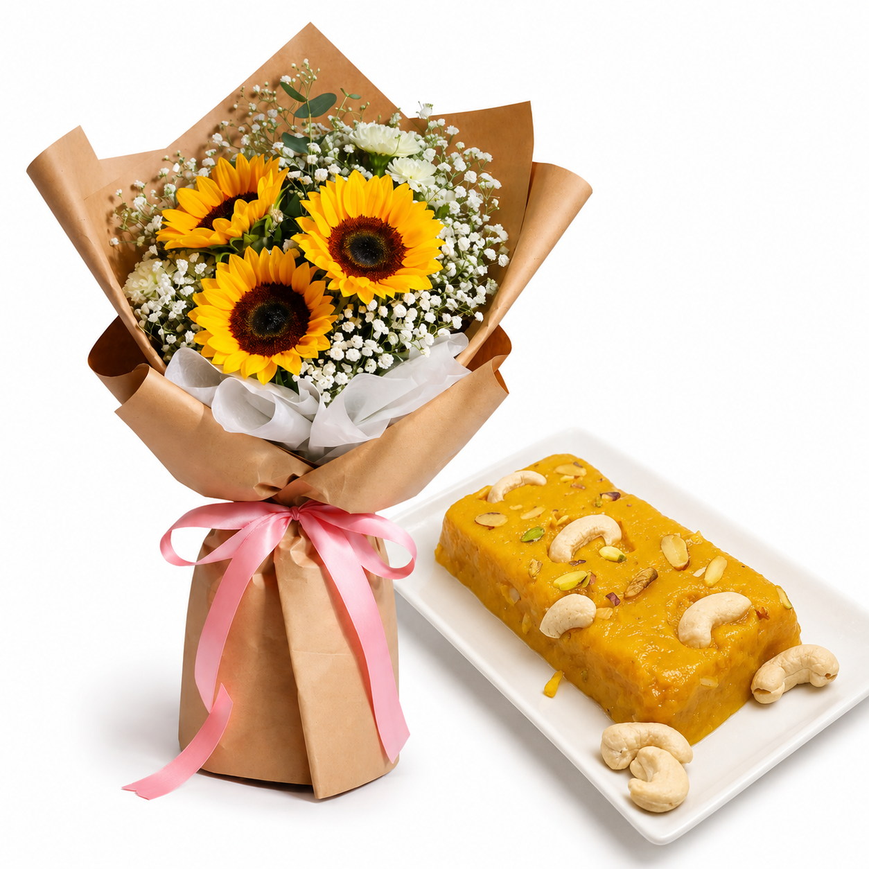 Sunflower Bouquet & Premium Kaju Halwa Gift Set | Flowers & Mithai Hamper