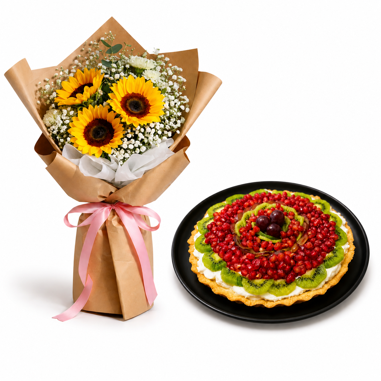 Sunflower Bouquet with Fresh Fruit Tart | Birthday Gift & Flower Combo
